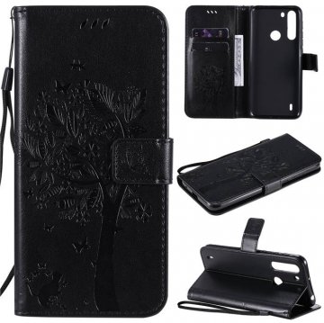 Motorola One Fusion Embossed Tree Cat Butterfly Wallet Stand Case Black
