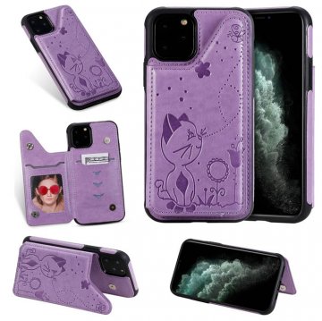 iPhone 11 Pro Max Bee and Cat Embossing Card Slots Stand Cover Purple
