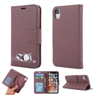 iPhone XR Cat Pattern Wallet Magnetic Stand PU Leather Case Brown