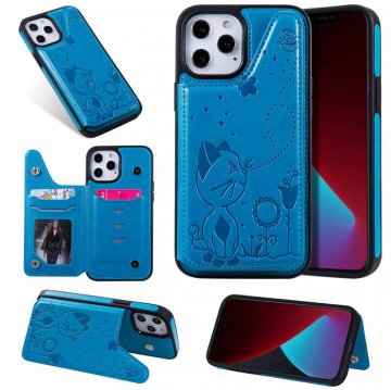 iPhone 12 Pro Max Luxury Bee and Cat Magnetic Card Slots Stand Cover Blue