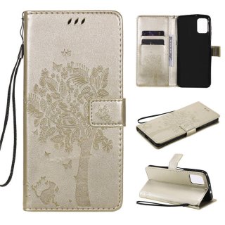 Motorola Moto G9 Plus Embossed Tree Cat Butterfly Wallet Stand Case Gold