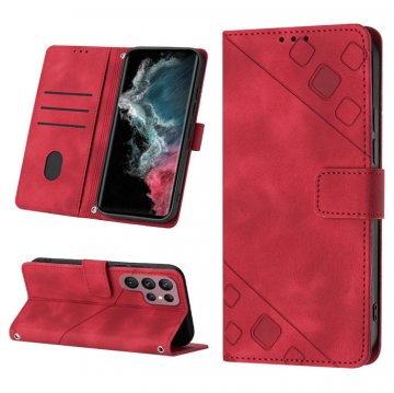 Skin-friendly Samsung Galaxy S22 Ultra Wallet Stand Case with Wrist Strap Red