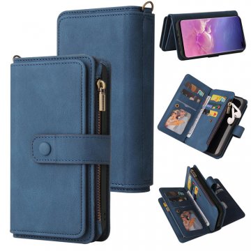 For Samsung Galaxy S10 Plus Wallet 15 Card Slots Case with Wrist Strap Blue