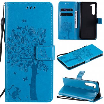 Motorola Edge Embossed Tree Cat Butterfly Wallet Stand Case Blue