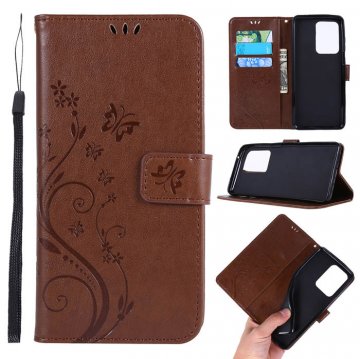 Samsung Galaxy S20 Ultra Butterfly Pattern Wallet Magnetic Stand Case Brown