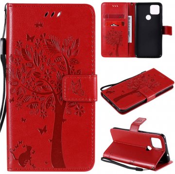 Google Pixel 4A 5G Embossed Tree Cat Butterfly Wallet Stand Case Red