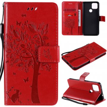 Google Pixel 4A 5G Embossed Tree Cat Butterfly Wallet Stand Case Red