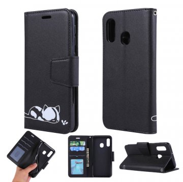 Samsung Galaxy A20e Cat Pattern Wallet Magnetic Stand Case Black