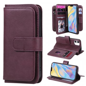 iPhone 12 Mini Multi-function 10 Card Slots Wallet Stand Case Claret