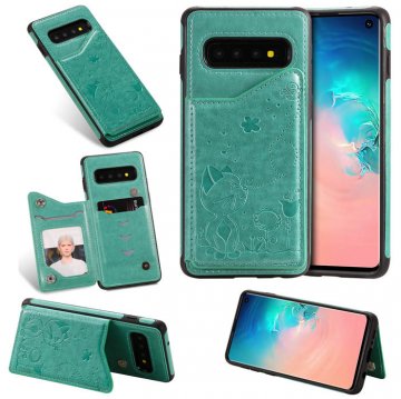 Samsung Galaxy S10 Bee and Cat Magnetic Card Slots Stand Cover Green