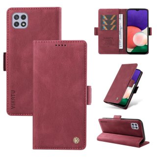 YIKATU Samsung Galaxy A22 4G Skin-touch Wallet Kickstand Case Wine Red