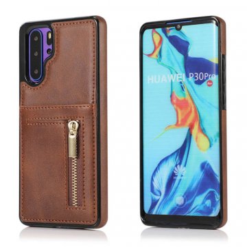 Huawei P30 Pro Zipper Wallet PU Leather Case Cover Coffee