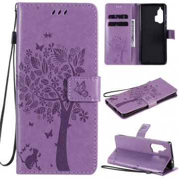 Motorola Edge Plus Embossed Tree Cat Butterfly Wallet Stand Case Lavender