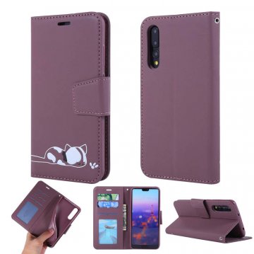Huawei P20 Pro Cat Pattern Wallet Magnetic Stand Case Brown