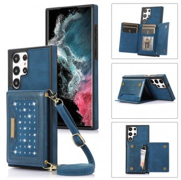 Bling Crossbody Wallet Samsung Galaxy S22 Ultra Case with Strap Blue