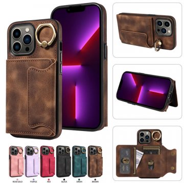 For iPhone 13 Pro Card Holder Ring Kickstand Case Coffee