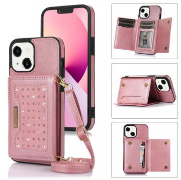 Bling Crossbody Bag Wallet iPhone 13 Case with Lanyard Strap Rose Gold