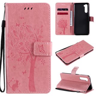 OnePlus Nord Embossed Tree Cat Butterfly Wallet Stand Case Pink