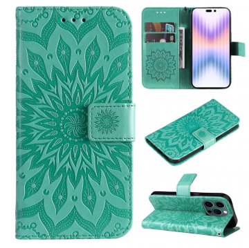Embossed Sunflower iPhone 14 Pro Wallet Magnetic Case Green