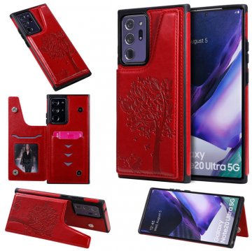 Samsung Galaxy Note 20 Ultra Embossed Tree Cat Magnetic Clasp Wallet Stand Case Red