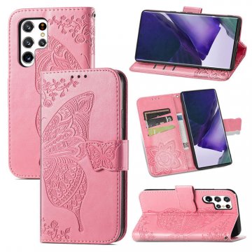 Butterfly Embossed Leather Wallet Kickstand Case Pink For Samsung