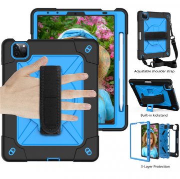 iPad Air 4 10.9 inch 2020 Kickstand Hand strap and Detachable Shoulder Strap Cover Black + Blue