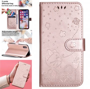iPhone XS/X Embossed Cat Bee Wallet Magnetic Stand Case Rose Gold