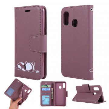 Samsung Galaxy A20e Cat Pattern Wallet Magnetic Stand Case Brown