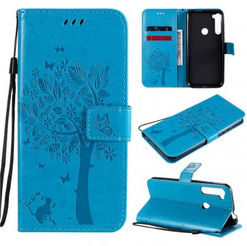 Motorola One Fusion Plus Embossed Tree Cat Butterfly Wallet Stand Case Blue