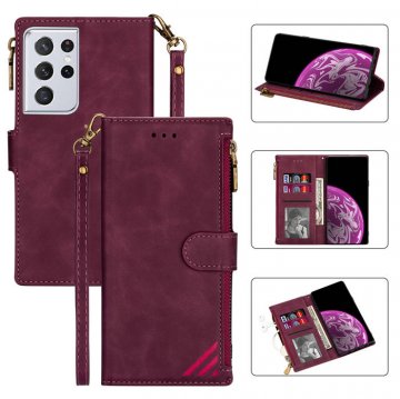 Samsung Galaxy S21/S21 Plus/S21 Ultra Zipper Wallet Magnetic Stitching Leather Case Red