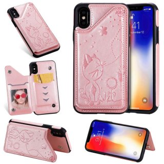 iPhone X Bee and Cat Embossing Magnetic Card Slots Stand Cover Rose Gold