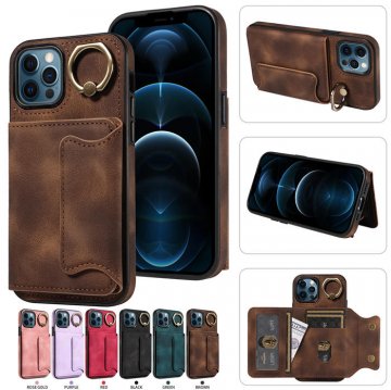 For iPhone 12/12 Pro Card Holder Ring Kickstand Case Coffee