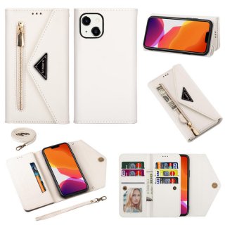 iPhone 13 Mini Crossbody Lanyard Zipper Pocket Wallet Case White