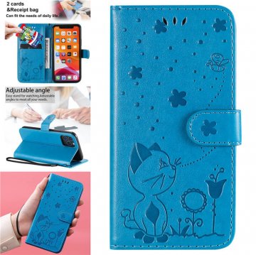 iPhone 11 Pro Embossed Cat Bee Wallet Magnetic Stand Case Blue