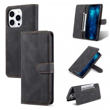 AZNS iPhone 13 Pro Max Vintage Wallet Magnetic Kickstand Case Black