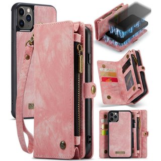 CaseMe iPhone 12 Pro Zipper Wallet Case with Wrist Strap Pink