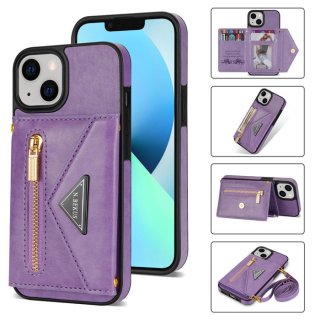 Crossbody Zipper Wallet iPhone 14 Case With Strap Purple