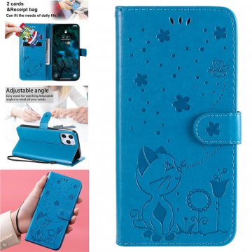 iPhone 12 Pro Max Embossed Cat Bee Wallet Magnetic Stand Case Blue