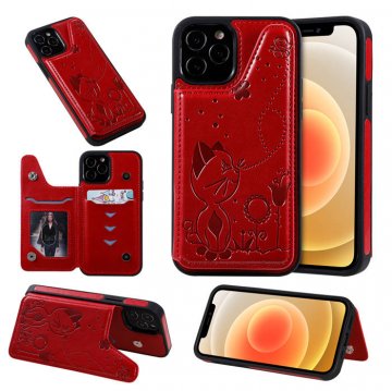 iPhone 12 Pro Luxury Bee and Cat Magnetic Card Slots Stand Cover Red