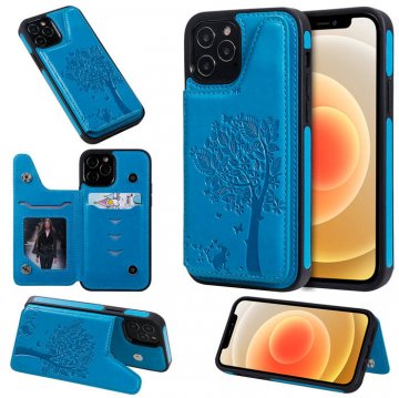 iPhone 12 Pro Embossed Tree Cat Magnetic Clasp Wallet Stand Case Blue