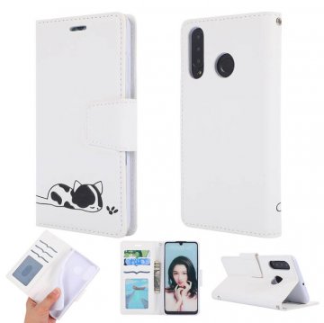 Huawei P30 Lite Cat Pattern Wallet Magnetic Stand Case White