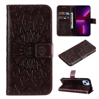 Embossed Sunflower iPhone 14 Plus Wallet Magnetic Case Brown