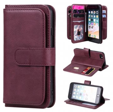 iPhone 7/8/SE 2020 Multi-function 10 Card Slots Wallet Case Claret