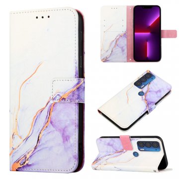 Marble Pattern Motorola Edge 2021 Wallet Stand Case White Purple