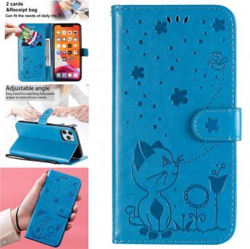 iPhone 11 Pro Max Embossed Cat Bee Wallet Magnetic Stand Case Blue