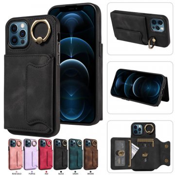 For iPhone 12/12 Pro Card Holder Ring Kickstand Case Black