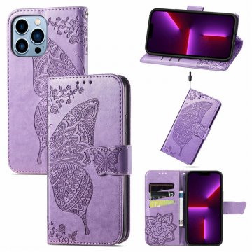 Butterfly Embossed Leather Wallet Kickstand Case Lavender For iPhone