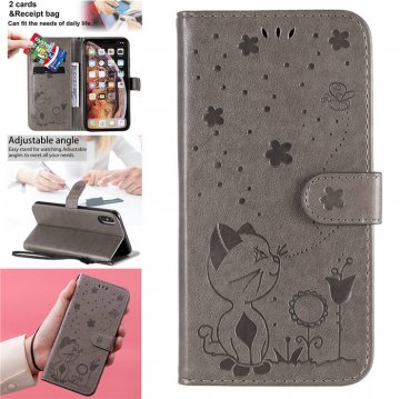 iPhone XS Max Embossed Cat Bee Wallet Magnetic Stand Case Gray