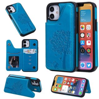 iPhone 12 Embossed Tree Cat Magnetic Clasp Wallet Stand Case Blue