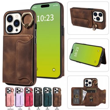 For iPhone 15 Pro Card Holder Ring Kickstand Case Coffee